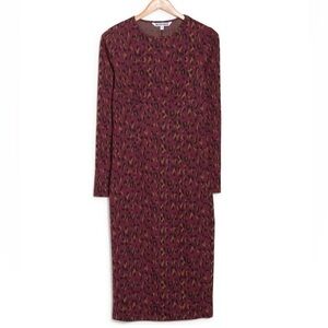 WALTER Baker Shaina Burgundy Leopard Print Knit Midi Long Sleeve Dress- Med, NWT